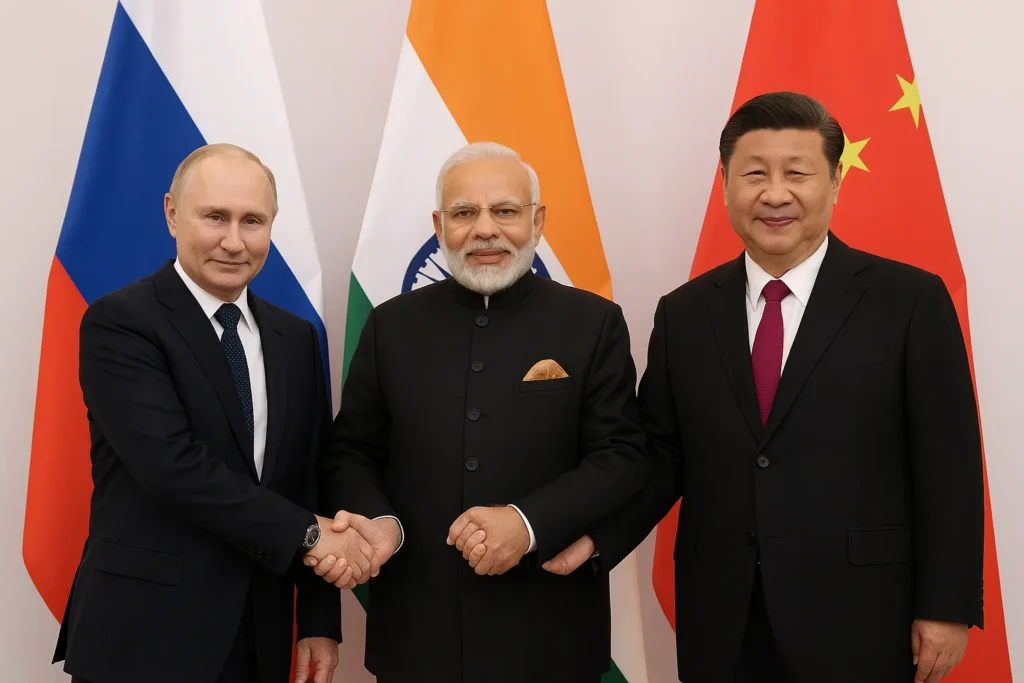 India China Russia leaders Narendra Modi, Vladimir Putin और Xi Jinping का handshake