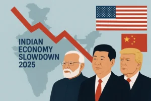 Indian economy slowdown 2025 illustration showing Narendra Modi, Xi Jinping and Donald Trump.