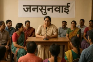 "Representational image of Delhi CM Rekha Gupta’s Jansunwai, where citizens are gathered around during a public meeting. AI-generated."