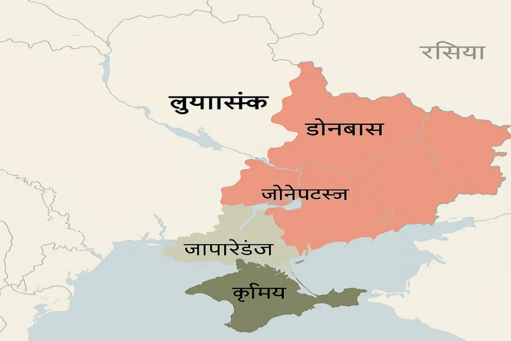 "यूक्रेन के दक्षिण-पूर्वी क्षेत्रों का नक्शा - डोनबास, लुहान्स्क, दोनेत्स्क, जापोरिज़्झिया, खेरसॉन और क्रीमिया hindi.webp