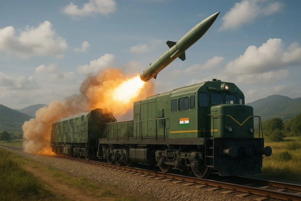 भारत ने किया ट्रेन से मिसाइल लॉन्च– रक्षा इतिहास में नया अध्याय। Indian Railway style military train se missile launch hota hua दृश्य, भारत की रक्षा क्षमता का नया अध्याय