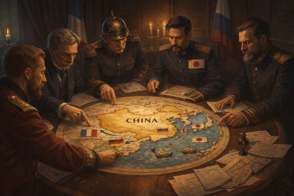 European leaders planning colonial expansion over a map of China, symbolizing trade ports and spheres of influence during the 19th century.