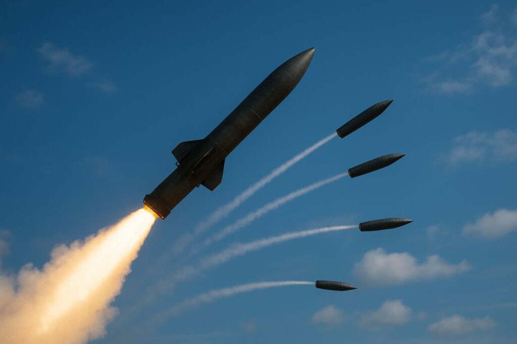 आसमान में MIRV मिसाइल से अलग होते कई वारहेड्स, जो अलग-अलग लक्ष्यों की ओर बढ़ रहे हैं, यथार्थवादी दृश्य