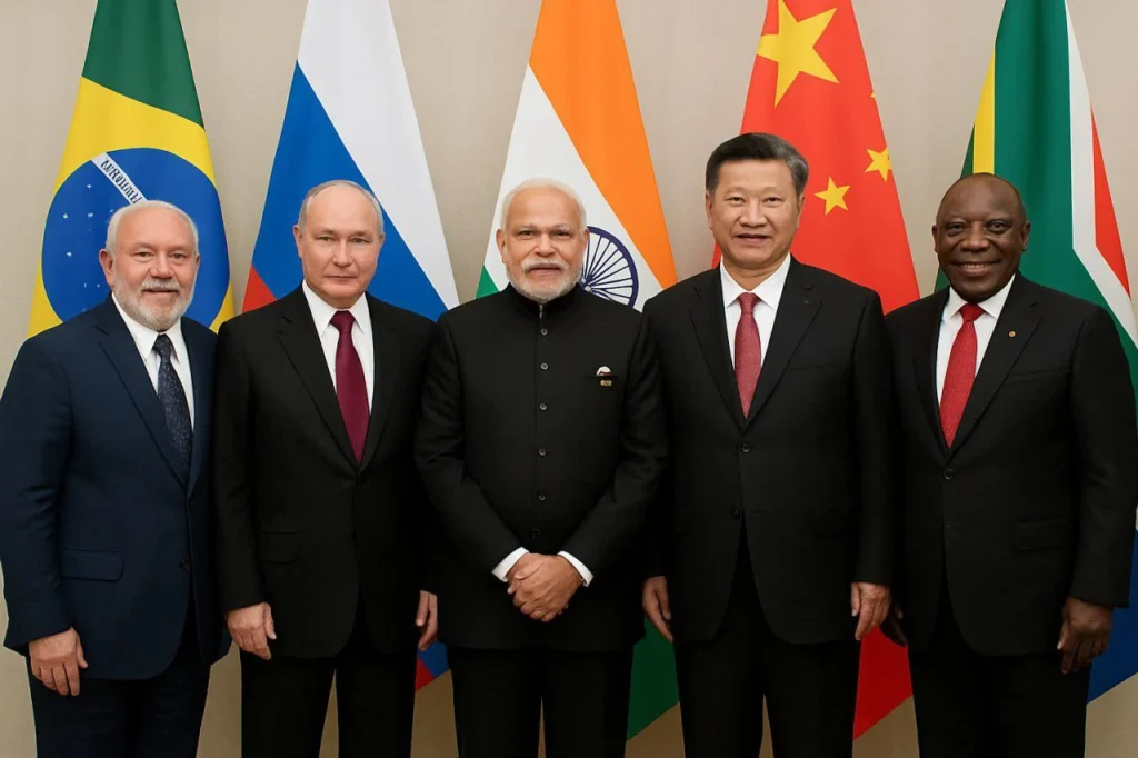 BRICS के पांच देशों के नेता भारत, चीन, रूस, ब्राज़ील और दक्षिण अफ्रीका एक साथ हाथ मिलाते हुए।