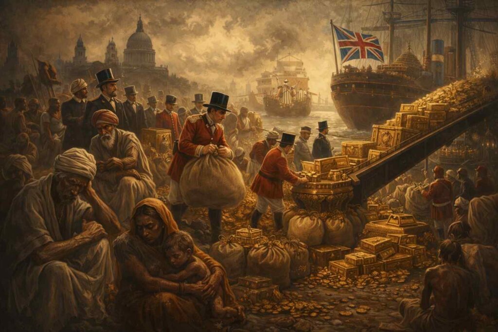 British colonial forces transporting India’s wealth to England while India faces poverty during British rule, symbolizing colonial exploitation