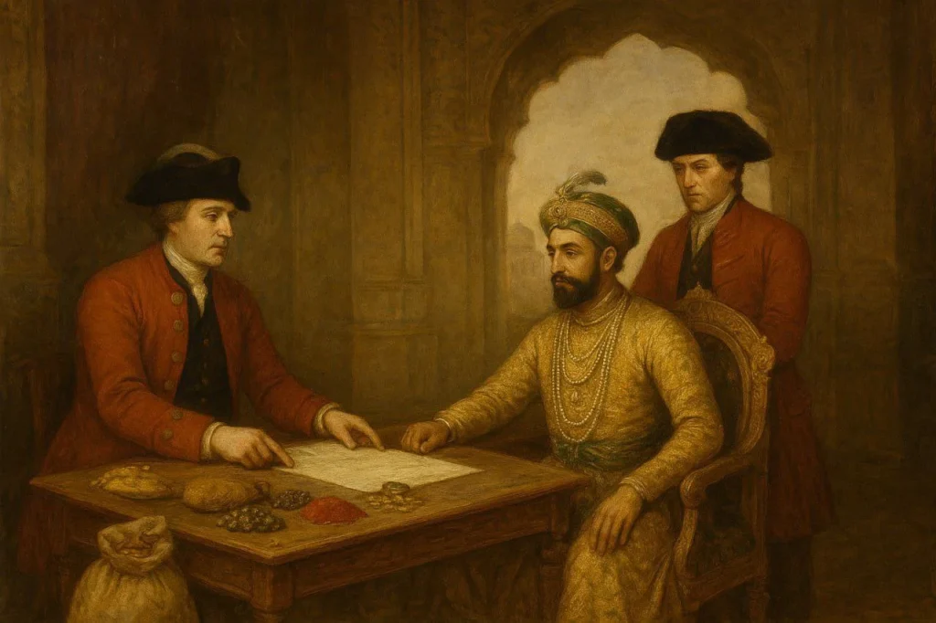 Colonial Expansion(17वीं–18वीं सदी): कैसे यूरोप ने भारत और दुनियाँ को बदला। East India Company officers making a trade deal with Mughal emperor in India during Colonial Expansion, historical painting style