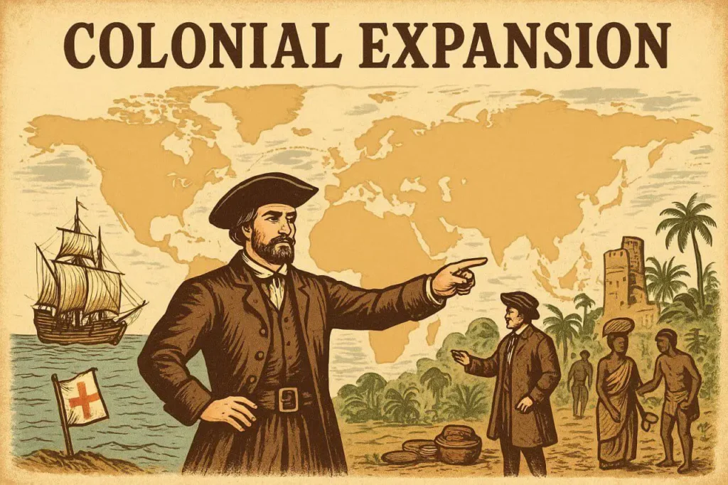 European colonial expansion shown on a world map with ships, flags and colonies in Asia, Africa and the Americas, vintage illustration style