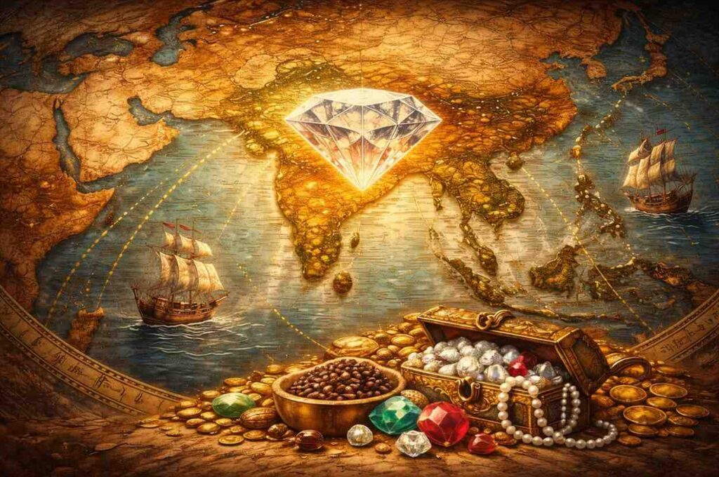 India as a glowing diamond on a historic map during the Age of Discovery, with European ships sailing towards it, surrounded by spices, textiles, and gems