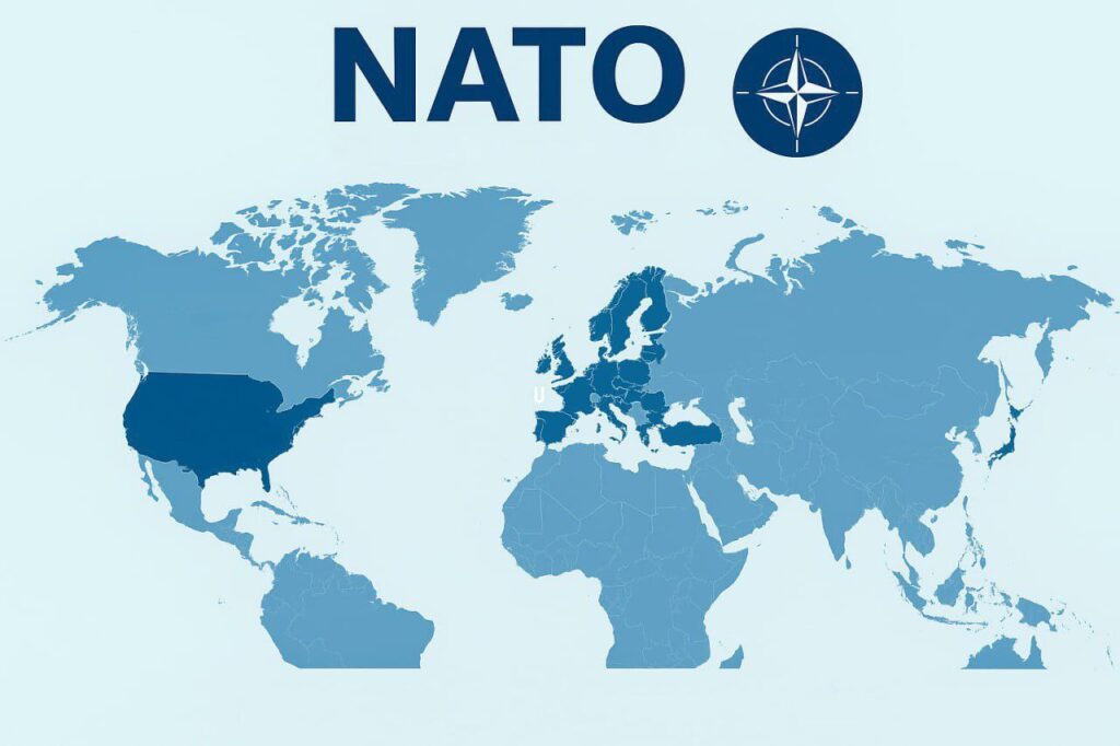 Map showing the 12 founding members of NATO in 1949, highlighting USA, Canada, and 10 Western European countries.