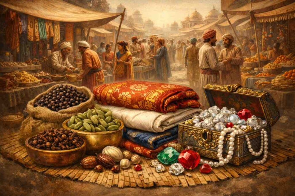 Historic Indian market during Age of Discovery with spices, textiles, gems, and people trading, semi-realistic digital illustration of India’s economic prosperity in 15th–16th century