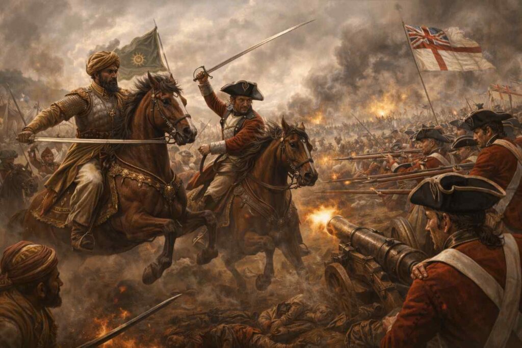 1764 की Battle of Buxar: Shuja-ud-Daula और British officer के साथ सैनिक और घोड़े।