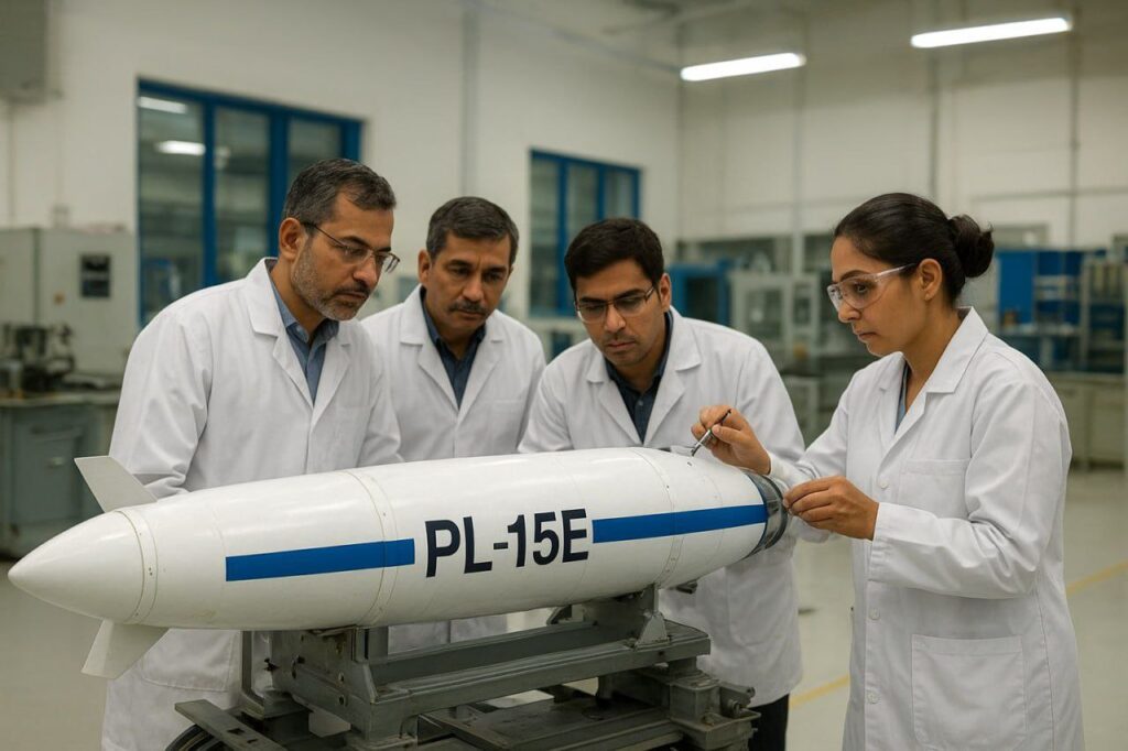 Indian scientists analyzing captured Chinese PL-15E missile in a defense research lab during DRDO study.