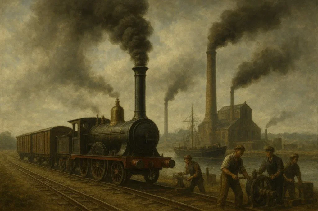 18वीं सदी की औद्योगिक क्रांति का दृश्य जिसमें फैक्टरियों, रेलवे, स्टीम इंजन और मजदूरों को काम करते हुए दिखाया गया है — ब्रिटेन के तीव्र औद्योगिक विकास का यथार्थ चित्रण।