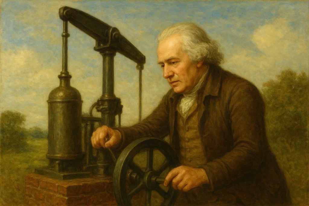 18वीं सदी में First Industrial Revolution के समय जेम्स वाट खुले स्थान पर स्टीम इंजन पर काम करते हुए, पृष्ठभूमि में औद्योगिक युग की शुरुआत दर्शाती पारंपरिक पेंटिंग शैली में दृश्य।