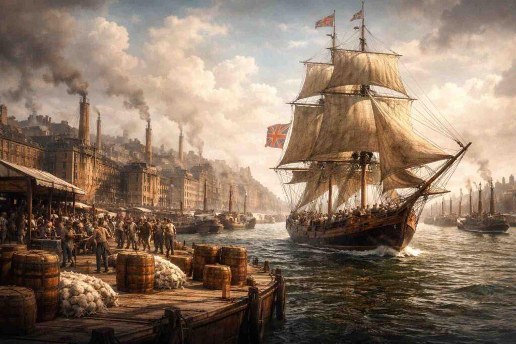 Busy 18th-century British sea port during the First Industrial Revolution, showing a ship sailing, workers loading and unloading goods, and factories with smoke in the background.