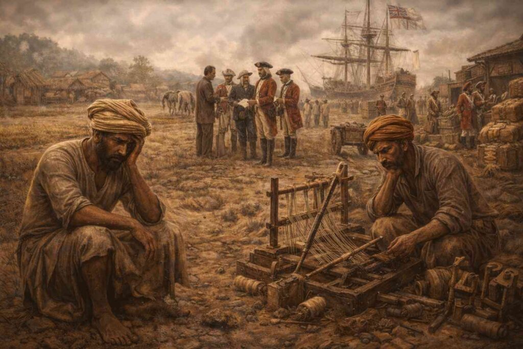 Deindustrialization in India under British rule, showing distressed farmers, idle handicraft workers with broken looms, and British officials overseeing wealth and exported goods.