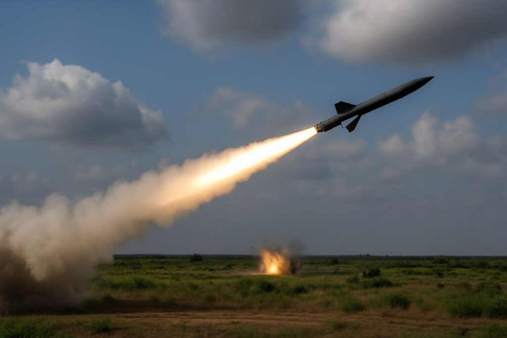 Indian missile launching into the sky during a test.