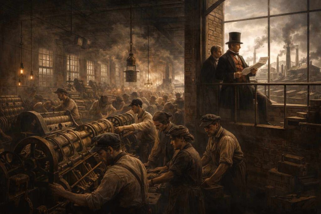 Social contrast during the First Industrial Revolution, showing working-class laborers operating machines in a factory while a wealthy factory owner observes from a balcony, highlighting industrial era inequality.