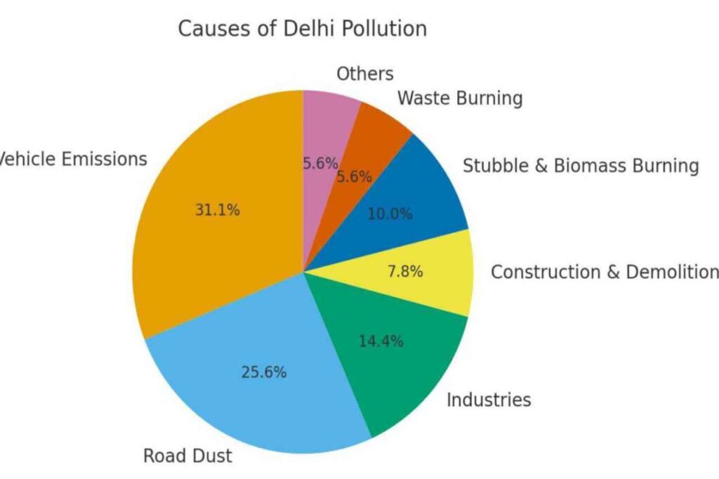 Delhi Pollution: अब राजधानी खुद अपने ही धुएं में घुटने लगी है। Pie chart showing the major causes of Delhi pollution, including vehicle emissions, road dust, industries, and stubble burning