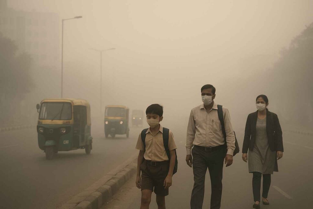 Delhi Pollution: अब राजधानी खुद अपने ही धुएं में घुटने लगी है। Smog-covered Delhi road with cars, office-goers, and school children walking amid heavy air pollution.