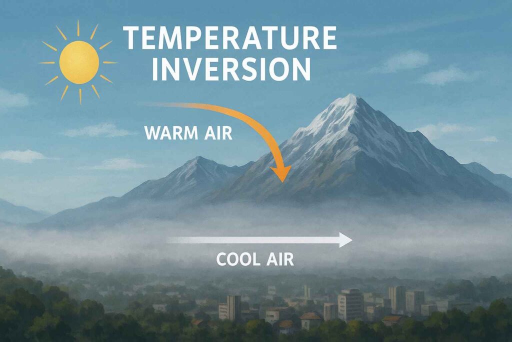 Realistic illustration showing temperature inversion, where a warm air layer traps cooler polluted air near the ground in a city surrounded by hills.