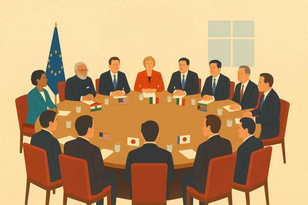 Illustration of G20 leaders sitting around a round table in an international meeting setting, discussing global cooperation and policy issues.
