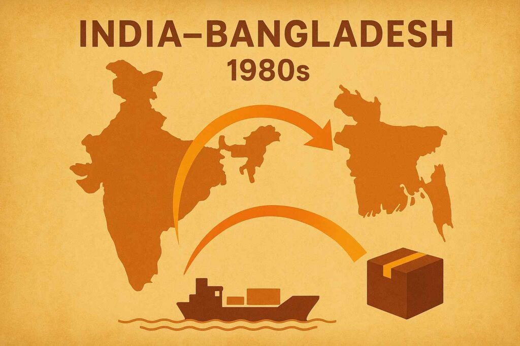 1980 के दशक में India Bangladesh के बीच व्यापार को दर्शाता हुआ नक्शा। 