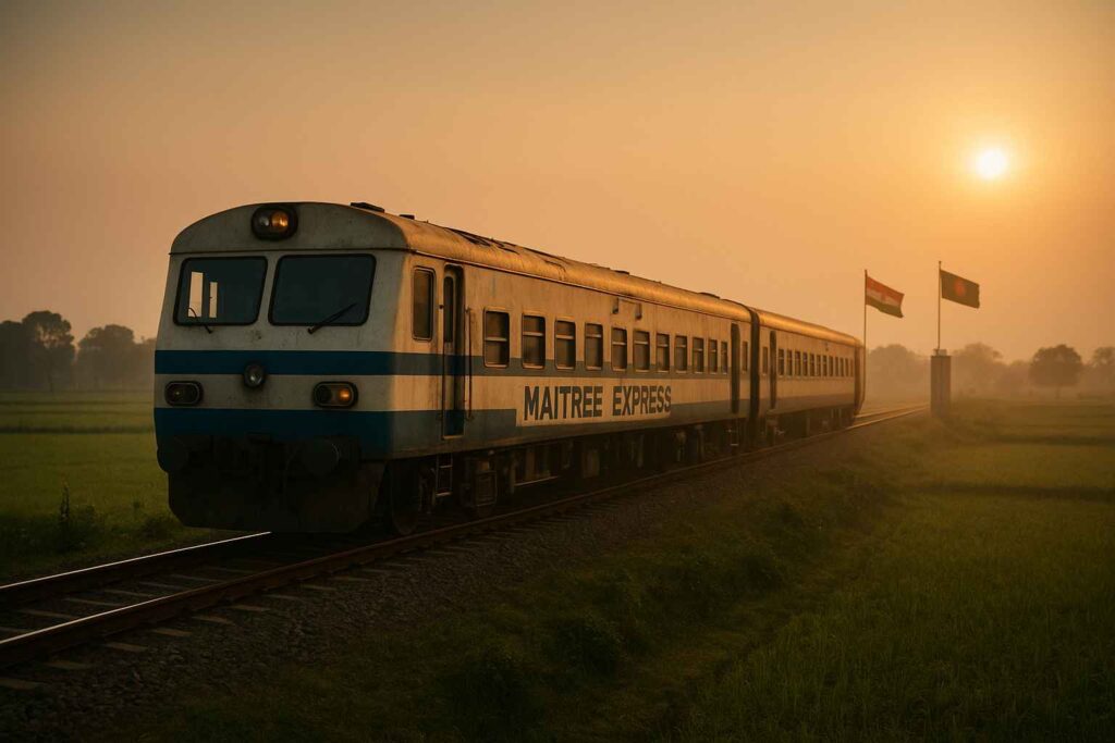 India Bangladesh सीमा के पास दौड़ती मैत्री एक्सप्रेस ट्रेन का सिनेमैटिक दृश्य।