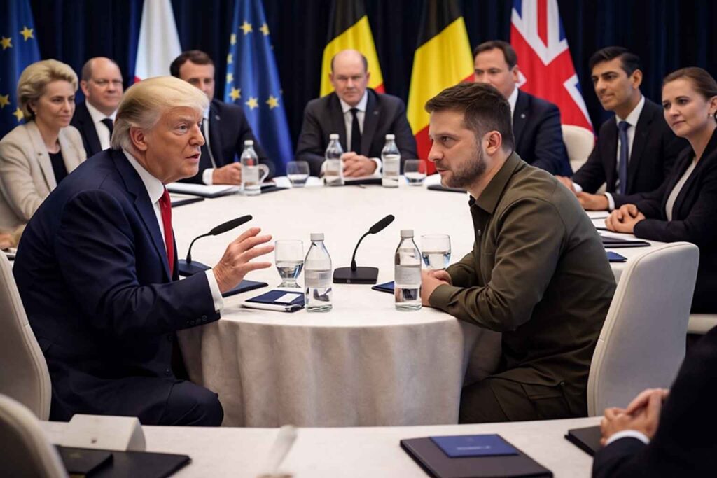 AI-generated image dikhata hai Trump aur Zelensky Russia-Ukraine peace talks me Europe ke leaders ke sath round table discussion karte hue