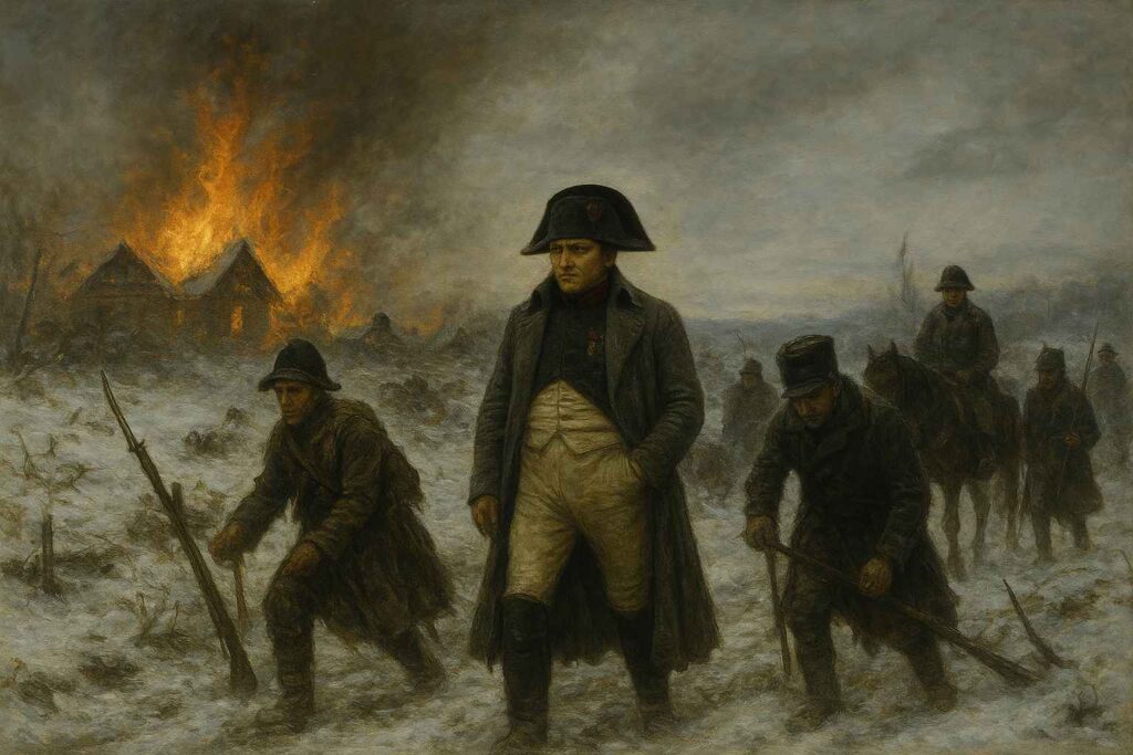 Napoleon Bonaparte Russia mein apni army ke saath, Scorched Earth Strategy ka samna karte hue, 1812 ka Russian campaign.