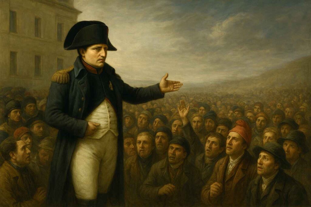 Napoleon Bonaparte अपने सैनिकों और नागरिकों को संबोधित करते हुए।