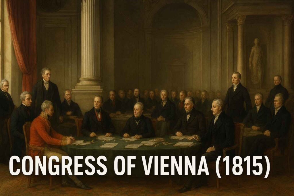 Congress of Vienna 1815 – European diplomats and leaders negotiating post-Napoleonic World Order, historical painting representing birth of modern geopolitics.