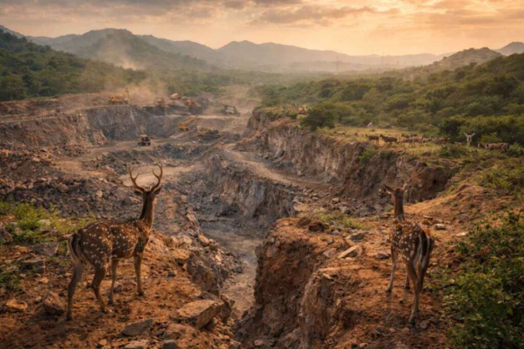 Aravalli Hills mein mining ke kaaran wildlife corridor ka tootna aur habitat fragmentation ka drishya.