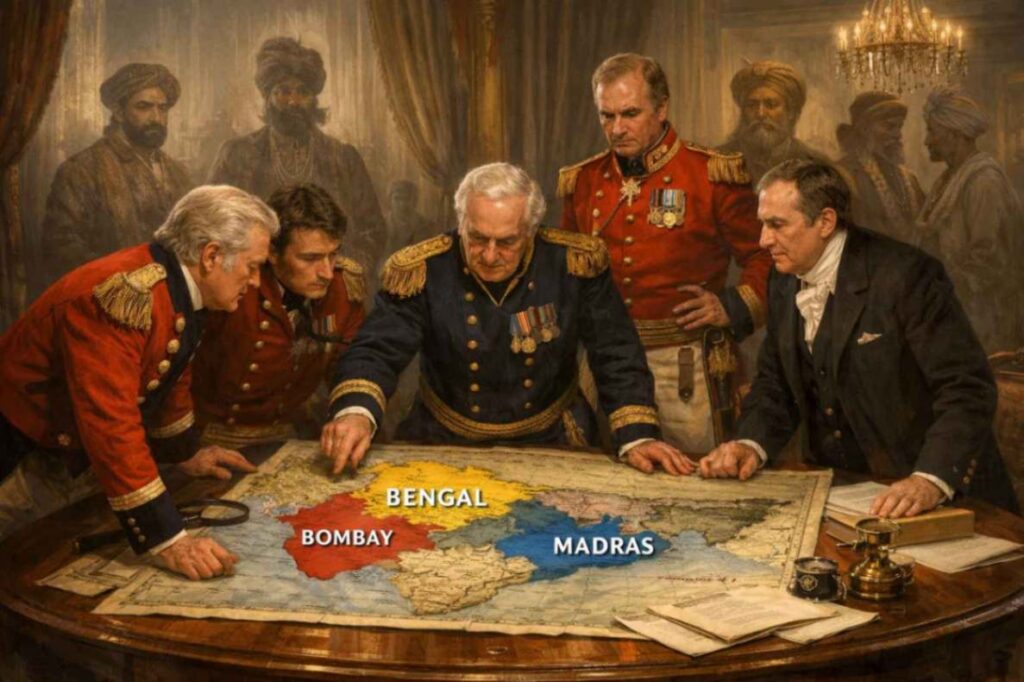 1815-1850 ke dauran British East India Company ke officials India ka map dekh rahe hain, jisme Bengal, Bombay aur Madras highlight kiye gaye hain, background mein Indian rulers dhundhle aur sidelined dikh rahe hain.