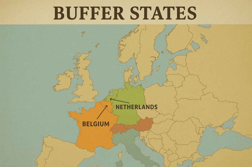 1815 Congress of Vienna के बाद यूरोप का राजनीतिक नक्शा, जिसमें Buffer States जैसे Belgium, Netherlands और Switzerland को शक्ति संतुलन के लिए दिखाया गया है।