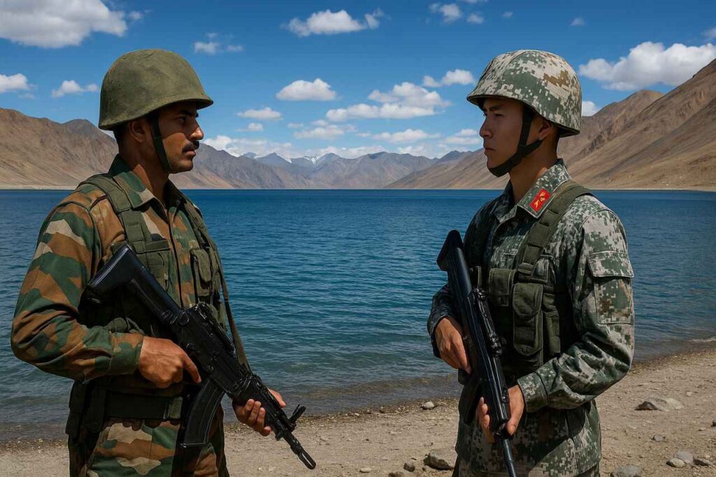 India aur China ke sainik ek lake ke kinare aamne-samne khade hain, border standoff dikhate hue.