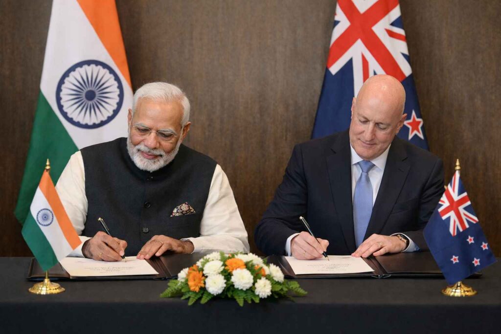 AI-generated image of India–New Zealand FTA signing