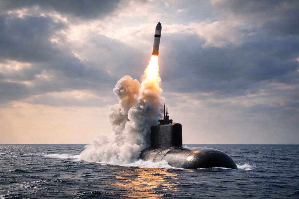 AI-generated image showing submarine launched K-4 missile test in ocean