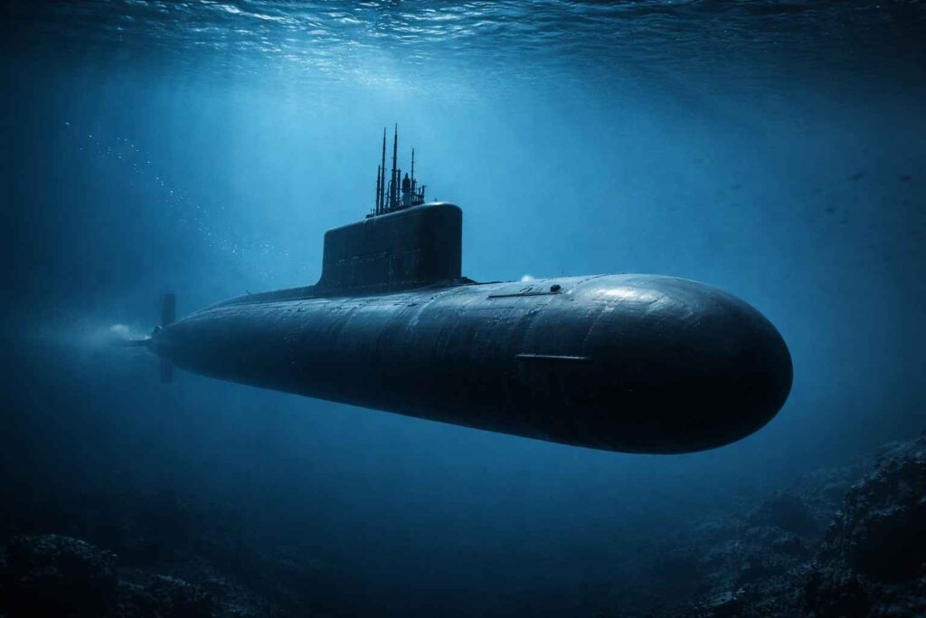 K4 Missile Test: आत्मरक्षा की सोच और समुद्र से उभरती भारत की ताकत। AI-generated image of a nuclear submarine silently moving underwater, representing sea-based nuclear deterrence