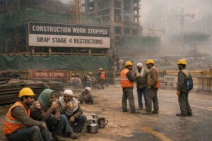 “Delhi में GRAP Stage 4 के कारण निर्माण कार्य रुका हुआ है। निर्माण स्थल के पास कामगार सड़क पर बैठे और घूमते हुए दिखाई दे रहे हैं, कुछ चाय पीते हुए, सभी मास्क पहने हुए। पीछे धुंध से ढका दिल्ली का वातावरण Delhi Pollution GRAP के प्रभाव को दर्शाता है।
