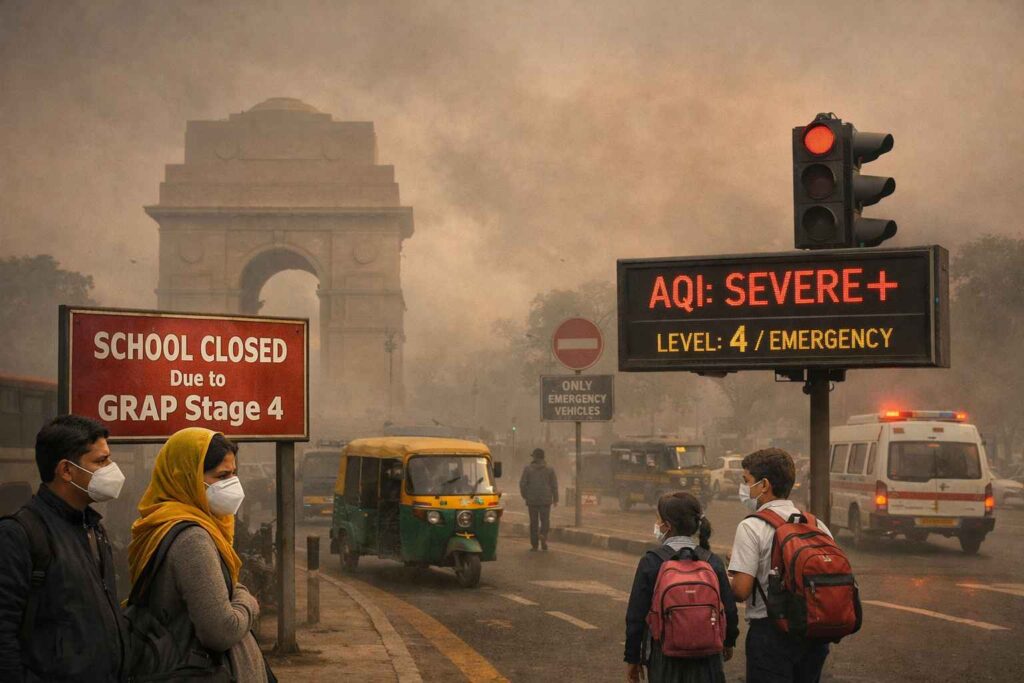 Delhi skyline smog और धुंध से ढका हुआ, लोग face masks पहनकर सड़कों पर हैं। स्कूल बंद, ट्रैफिक कम और Digital AQI meter पर ‘Severe +’ दिख रहा है, GRAP Stage 4 लागू होने के कारण आम लोगों पर असर स्पष्ट है। Delhi Pollution GRAP के असर को दर्शाती यह image।