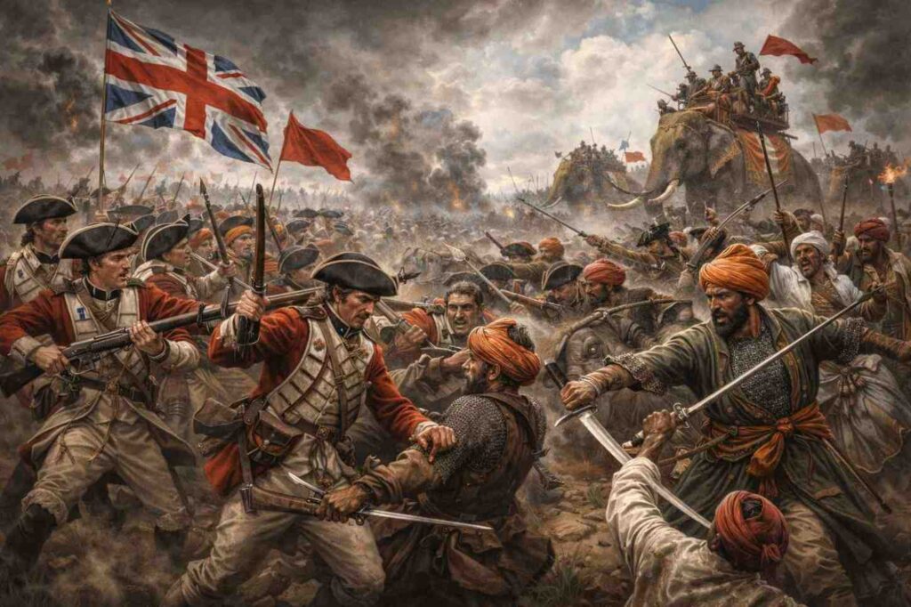 1757 का Battle of Plassey, British East India Company और Nawab Siraj-ud-Daulah की सेनाओं के बीच युद्ध का दृश्य (AI Generated)