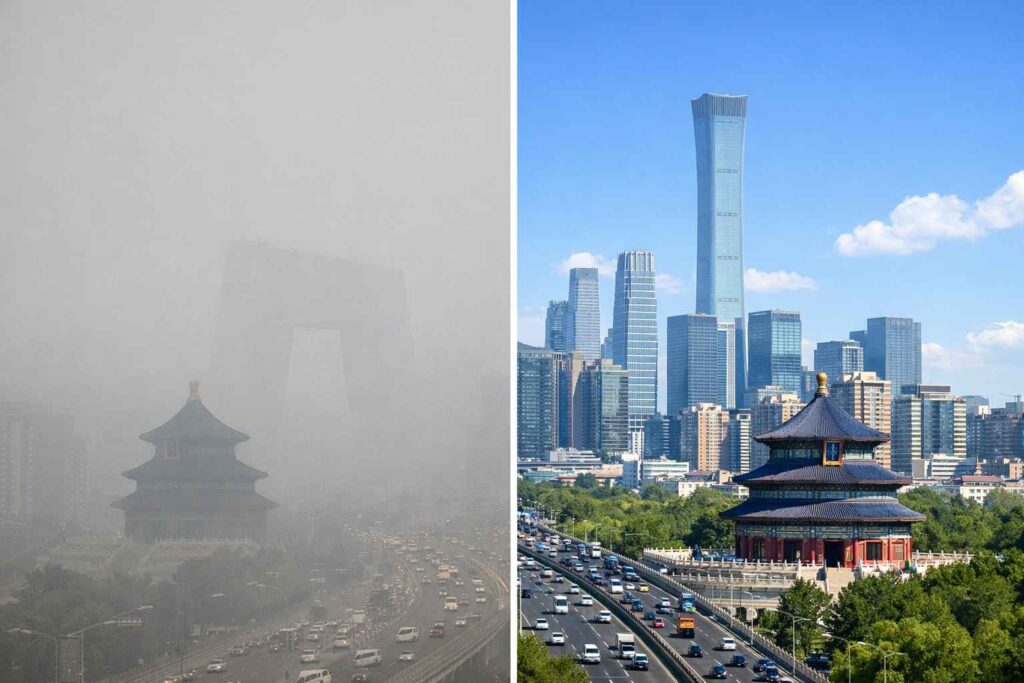 Beijing smog vs clean Beijing showing air pollution before and after control measures