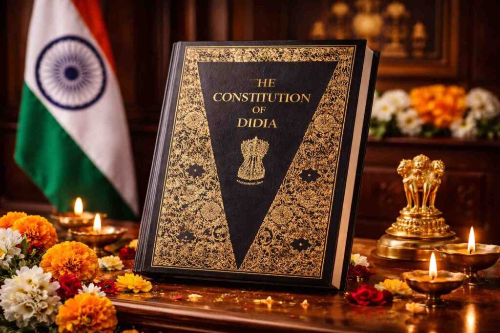 Constitution of India book with Indian national flag, symbol of India’s republic and democracy