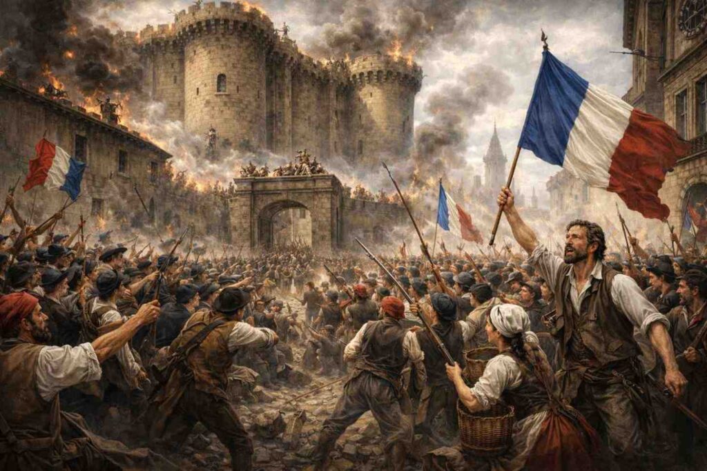1789 French Revolution, Third Estate storming the Bastille, crowd of revolutionaries with flags and weapons