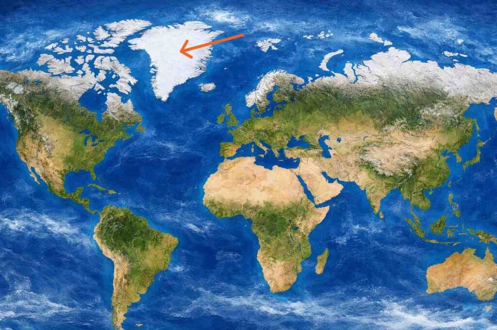 AI-generated satellite view world map showing Greenland covered with ice between North America and Europe
