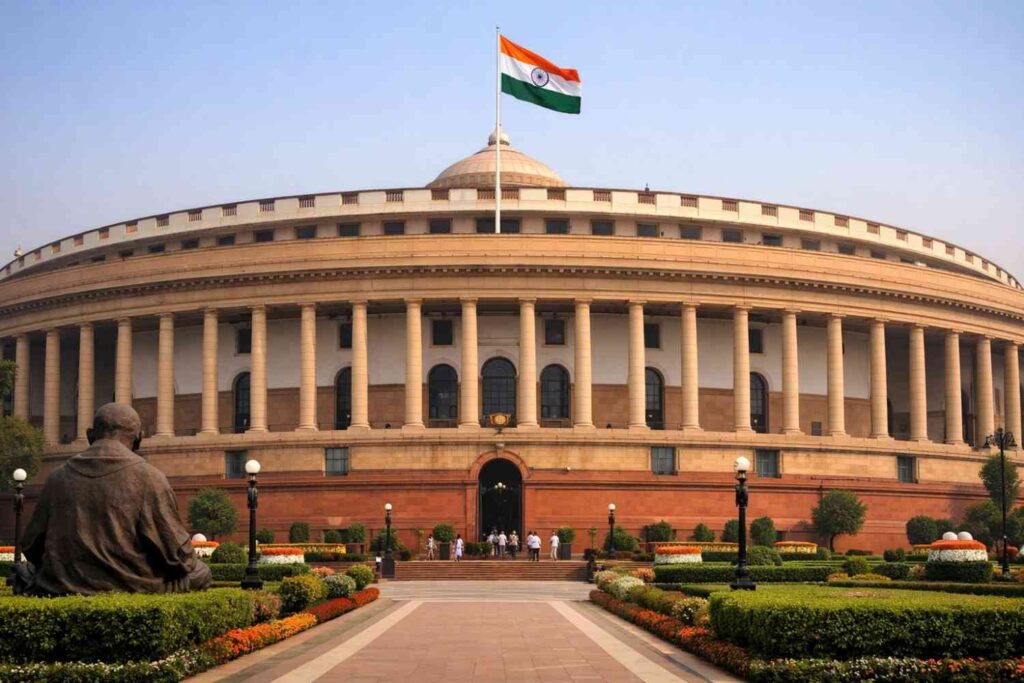 Indian Parliament House building in New Delhi, symbol of India’s democratic republic