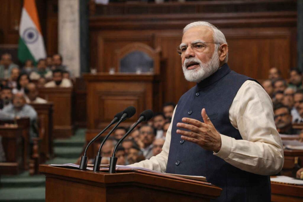 AI-generated image of Indian Prime Minister Narendra Modi addressing Parliament
