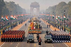 India Republic Day parade at Kartavya Path in New Delhi with Indian armed forces and cultural displays.