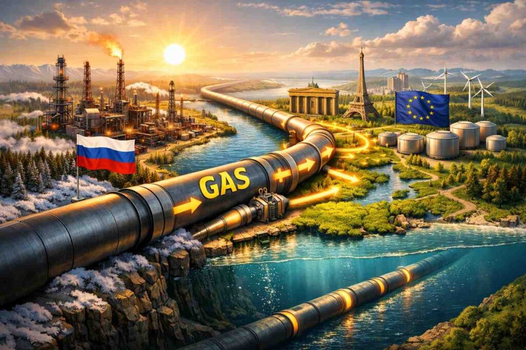 map showing natural gas supply from Russia to Europe.